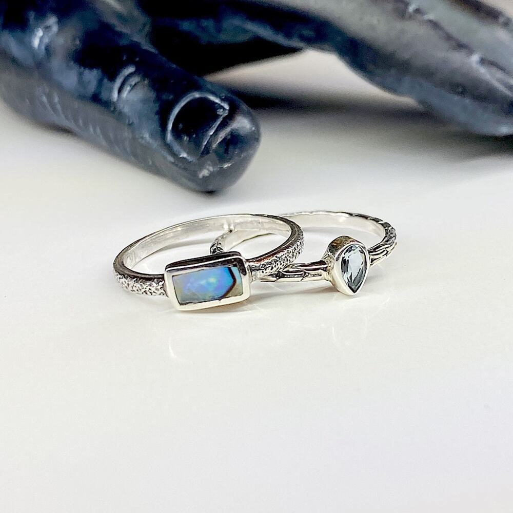 NEW 925 Aquamarine & Abalone Textured Ring Set